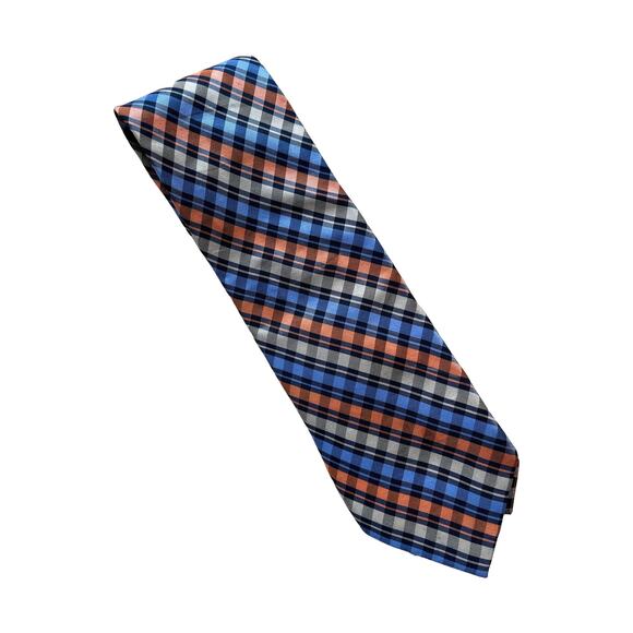 Vintage Chaps Orange Blue Checks 90s Silk Necktie - Picture 1 of 3